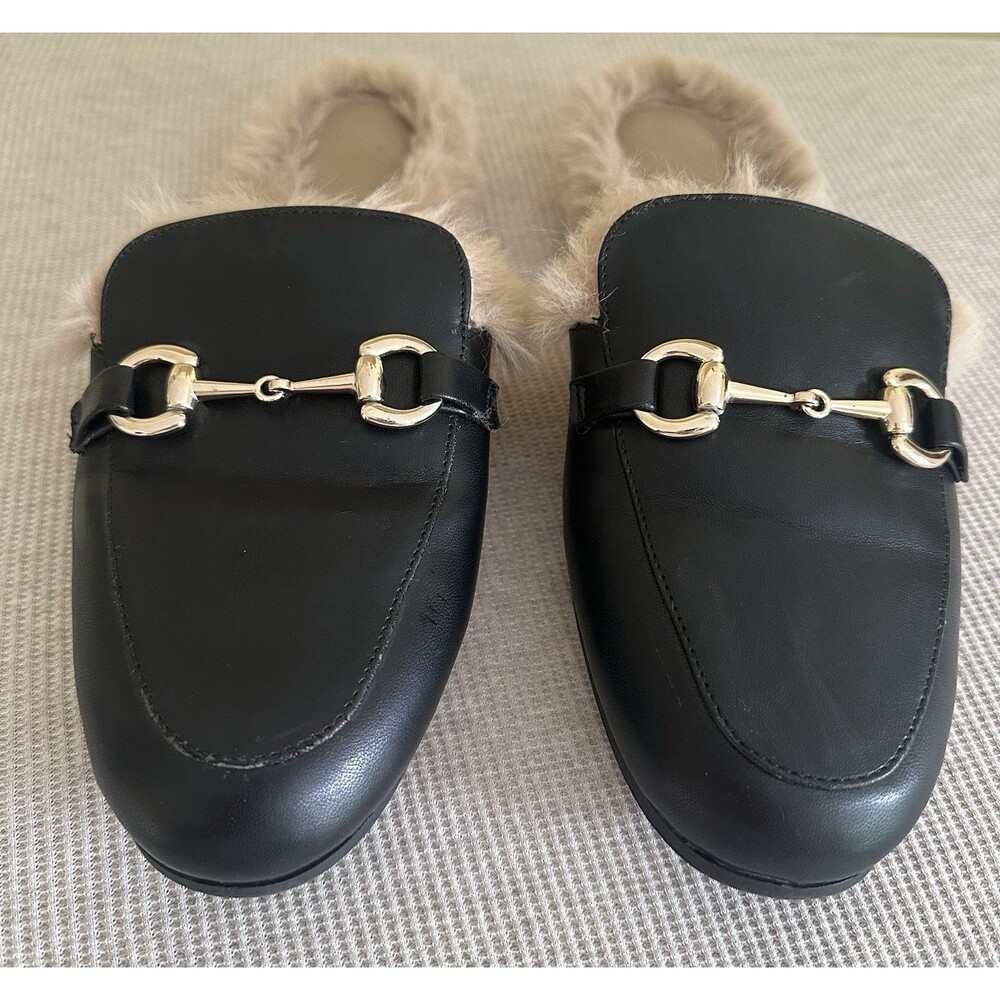 BCBGeneration Black Mules Faux Fur Lined Gold Accent Women's Flats Size 10 EUC